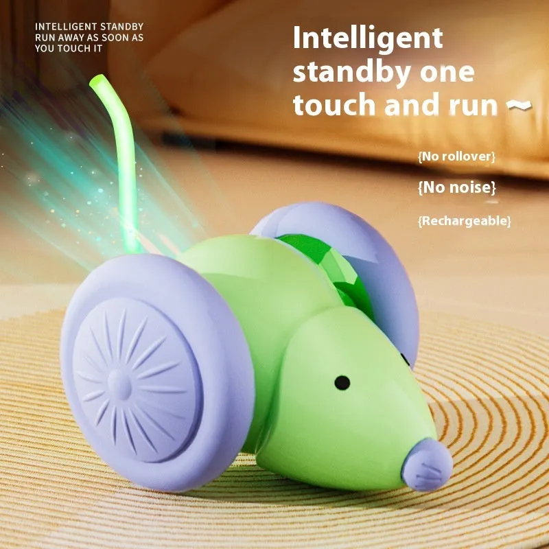 Interactive cat toy electric mouse car in green and white with obstacle avoidance, made of ABS and TPU