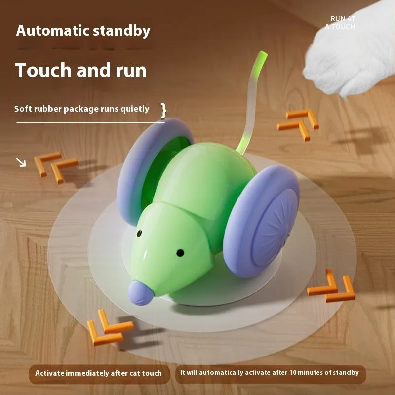 Interactive cat toy electric mouse car in green and white with obstacle avoidance, made of ABS and TPU