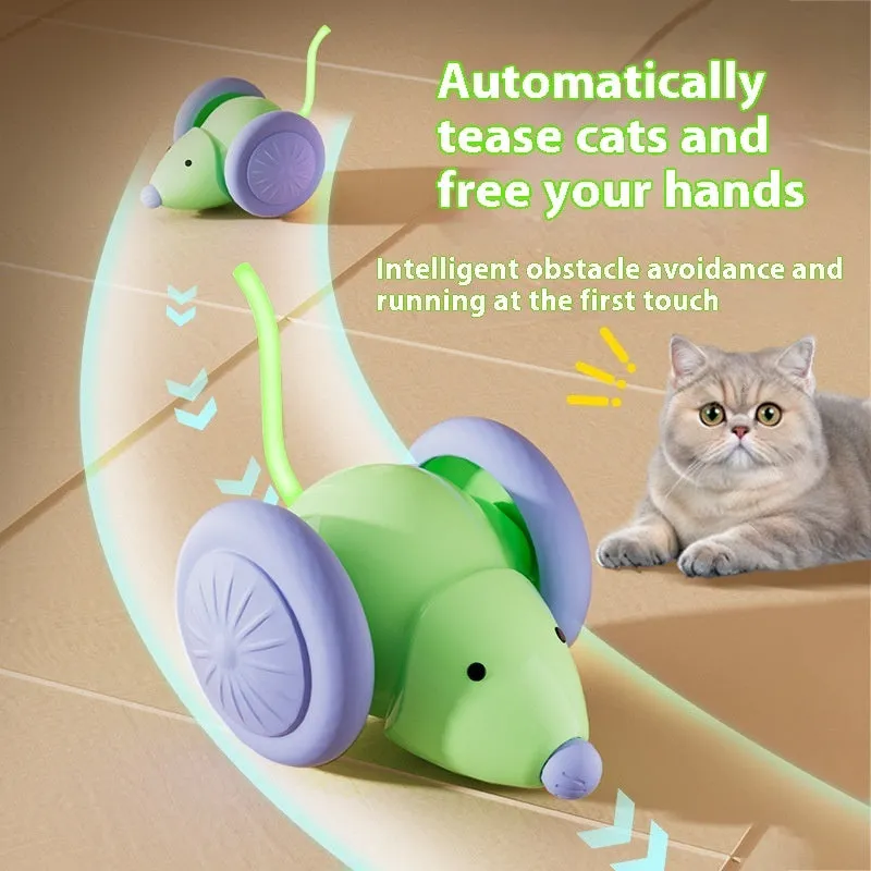 Interactive cat toy electric mouse car in green and white with obstacle avoidance, made of ABS and TPU
