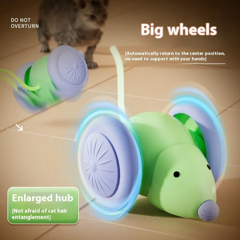 Interactive cat toy electric mouse car in green and white with obstacle avoidance, made of ABS and TPU