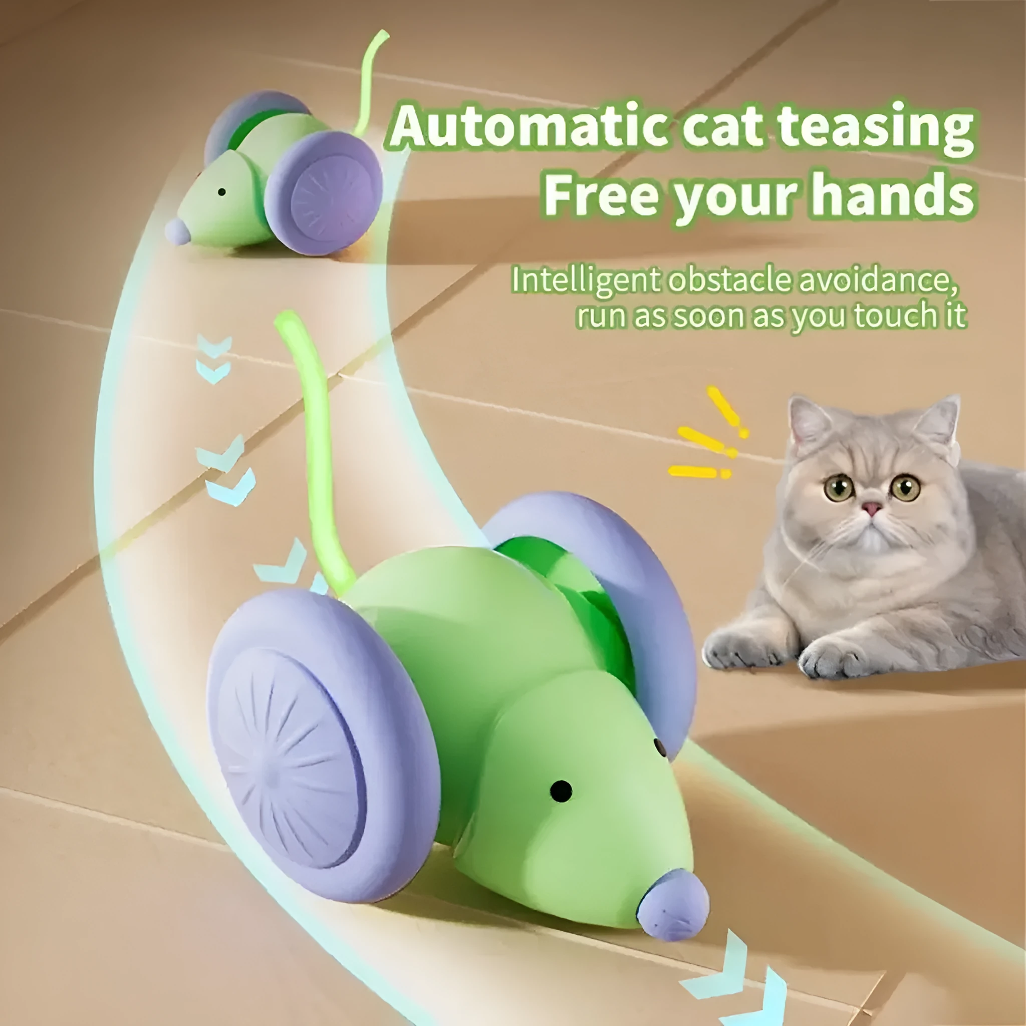 Interactive cat toy electric mouse car in green and white with obstacle avoidance, made of ABS and TPU