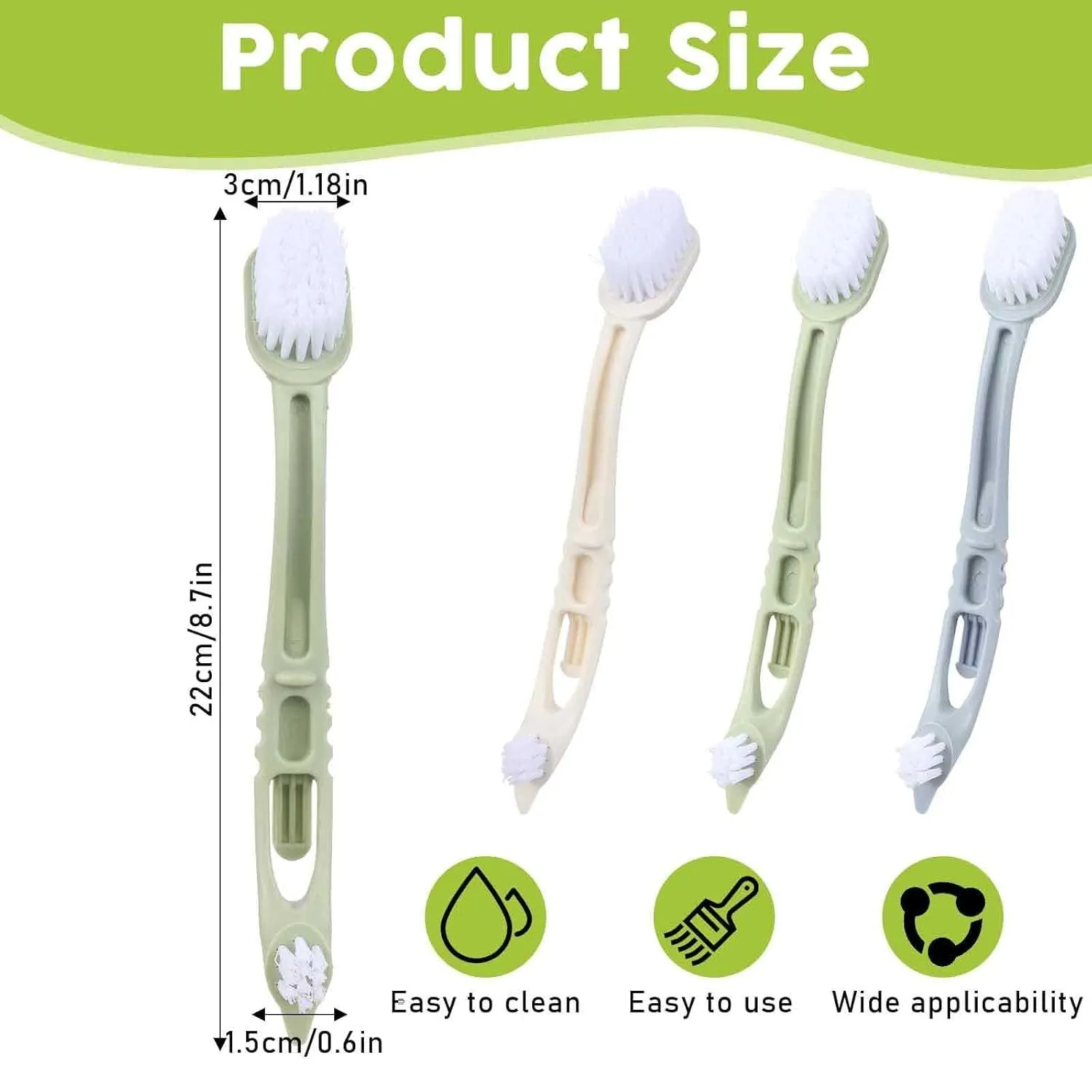Bird cage cleaner with two plastic brush heads on a long handle in beige, blue, and green colours