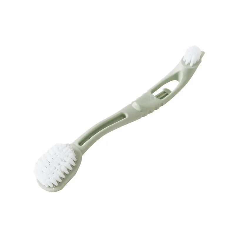 Bird cage cleaner with two plastic brush heads on a long handle in beige, blue, and green colours