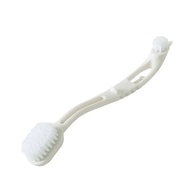 Bird cage cleaner with two plastic brush heads on a long handle in beige, blue, and green colours