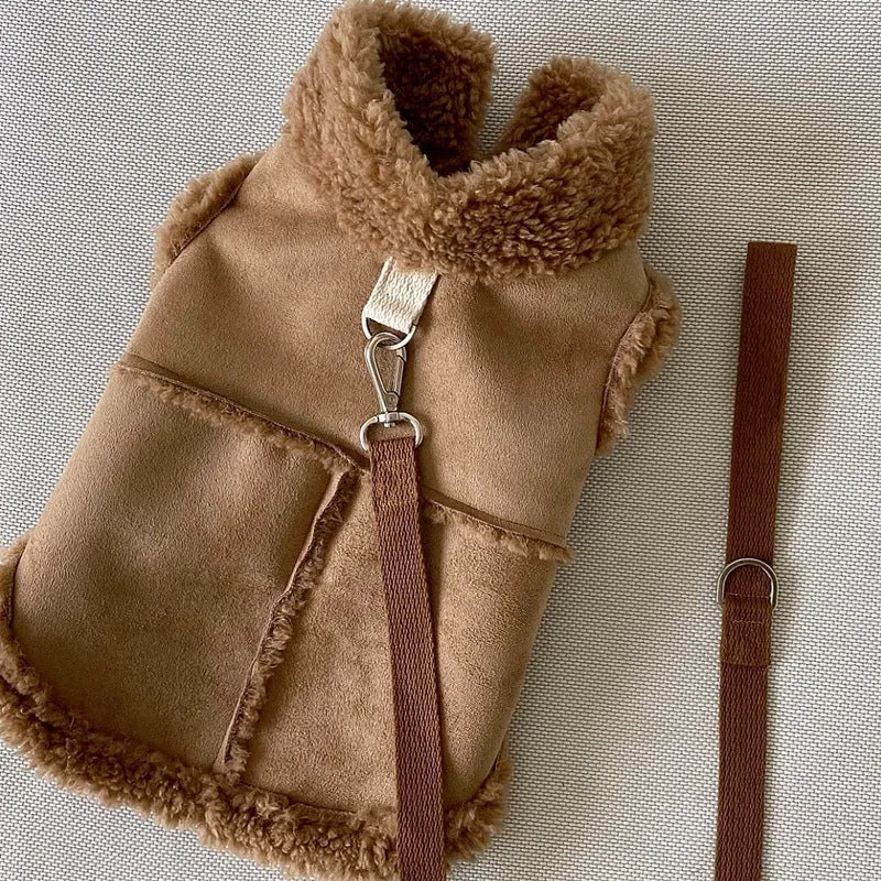 Pet autumn winter traction warm vest in brown, showing back length and slip-on design for small dogs