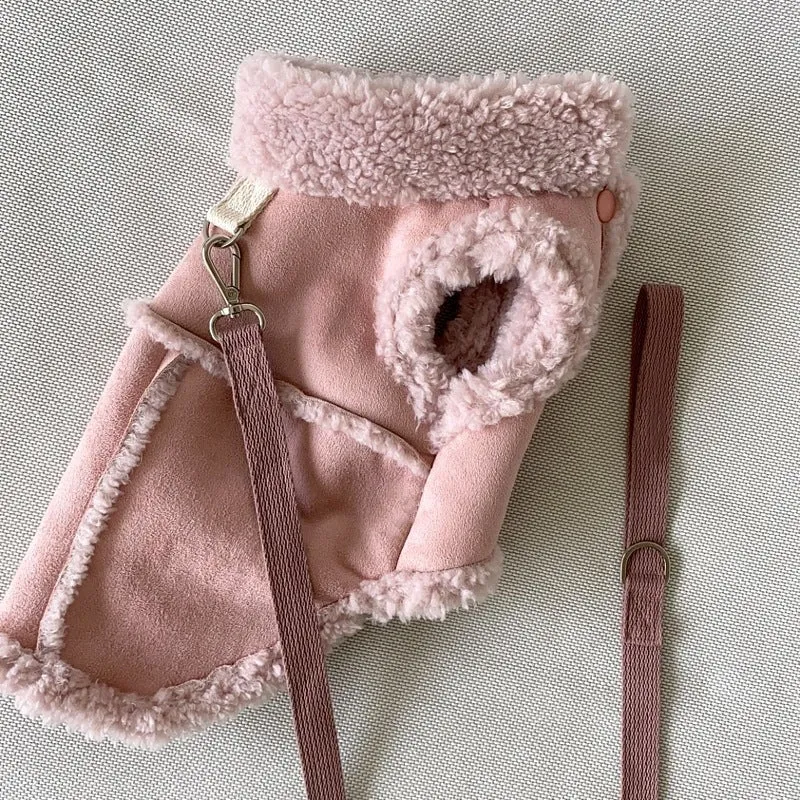 Pet autumn winter traction warm vest in brown, showing back length and slip-on design for small dogs