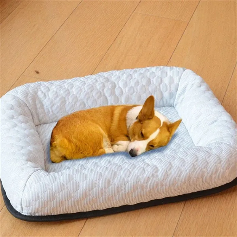 Summer cooling pet cat bed cushion ice pad in green, square shape, for dog or cat sleeping on floor