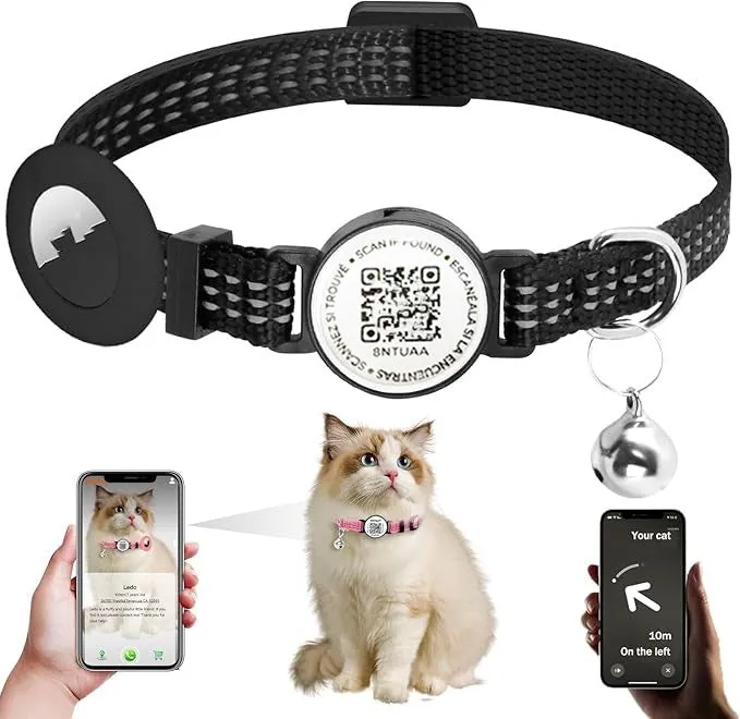 Black silicone pet collar with QR code pattern and reflective stripe for Apple Airtag holder