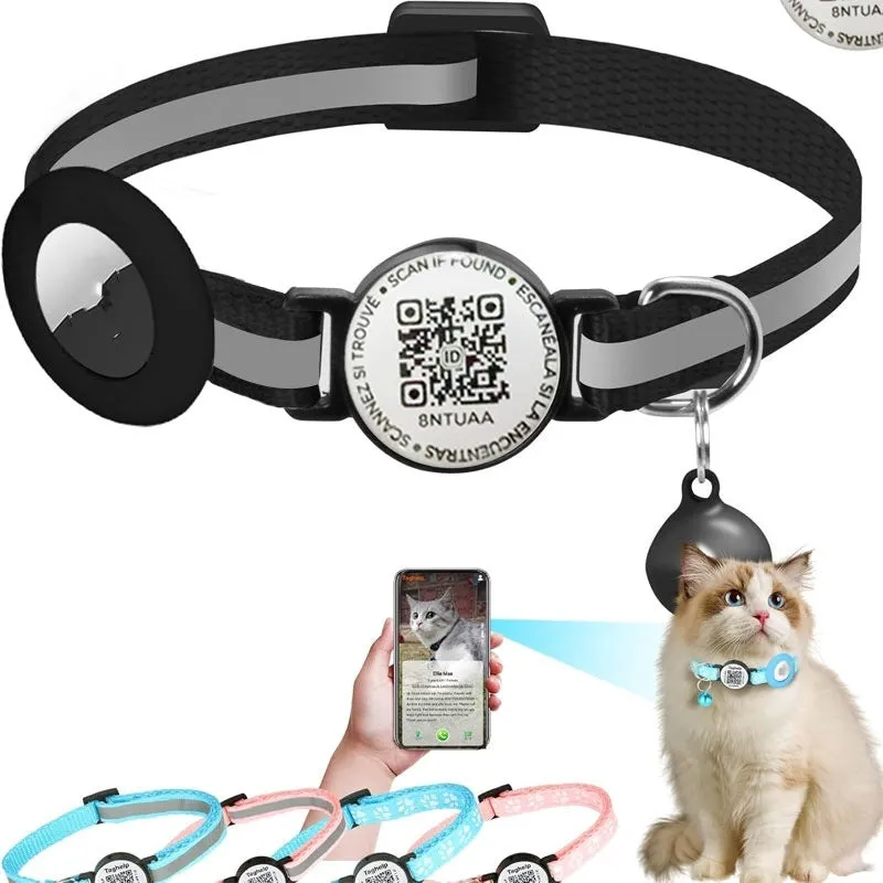 Black silicone pet collar with QR code pattern and reflective stripe for Apple Airtag holder