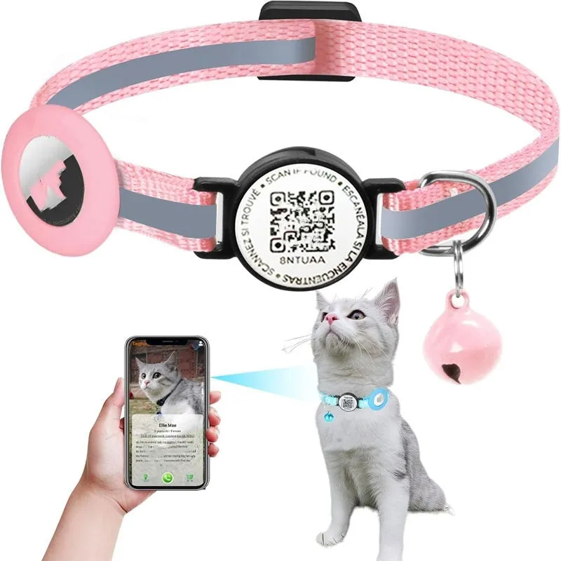 Black silicone pet collar with QR code pattern and reflective stripe for Apple Airtag holder