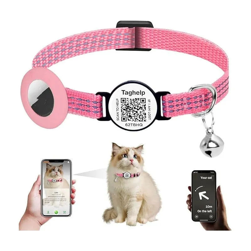 Black silicone pet collar with QR code pattern and reflective stripe for Apple Airtag holder