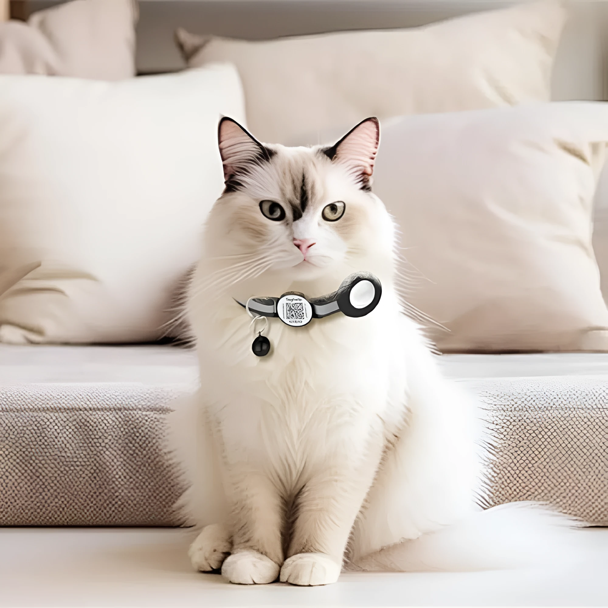 Black silicone pet collar with QR code pattern and reflective stripe for Apple Airtag holder