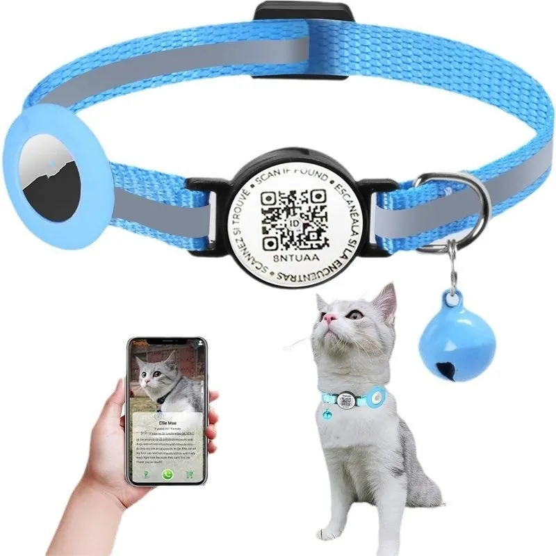 Black silicone pet collar with QR code pattern and reflective stripe for Apple Airtag holder