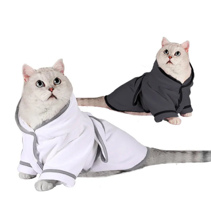 Grey absorbent four-legged pet bathrobe for dogs and cats, soft fabric with full body coverage on a small dog