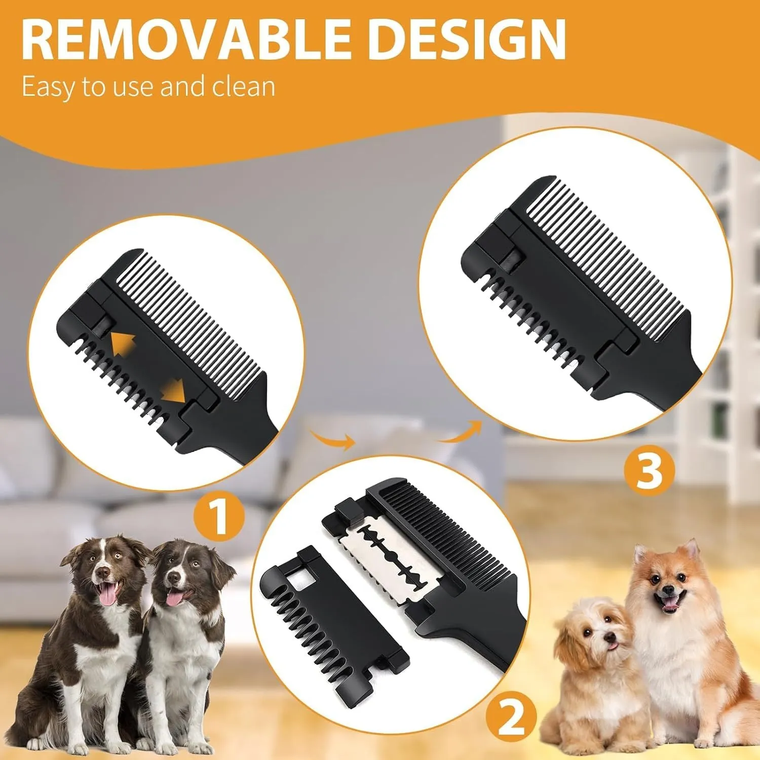 Pet razor comb and brush tool for dogs and cats with spare blades on a white background.