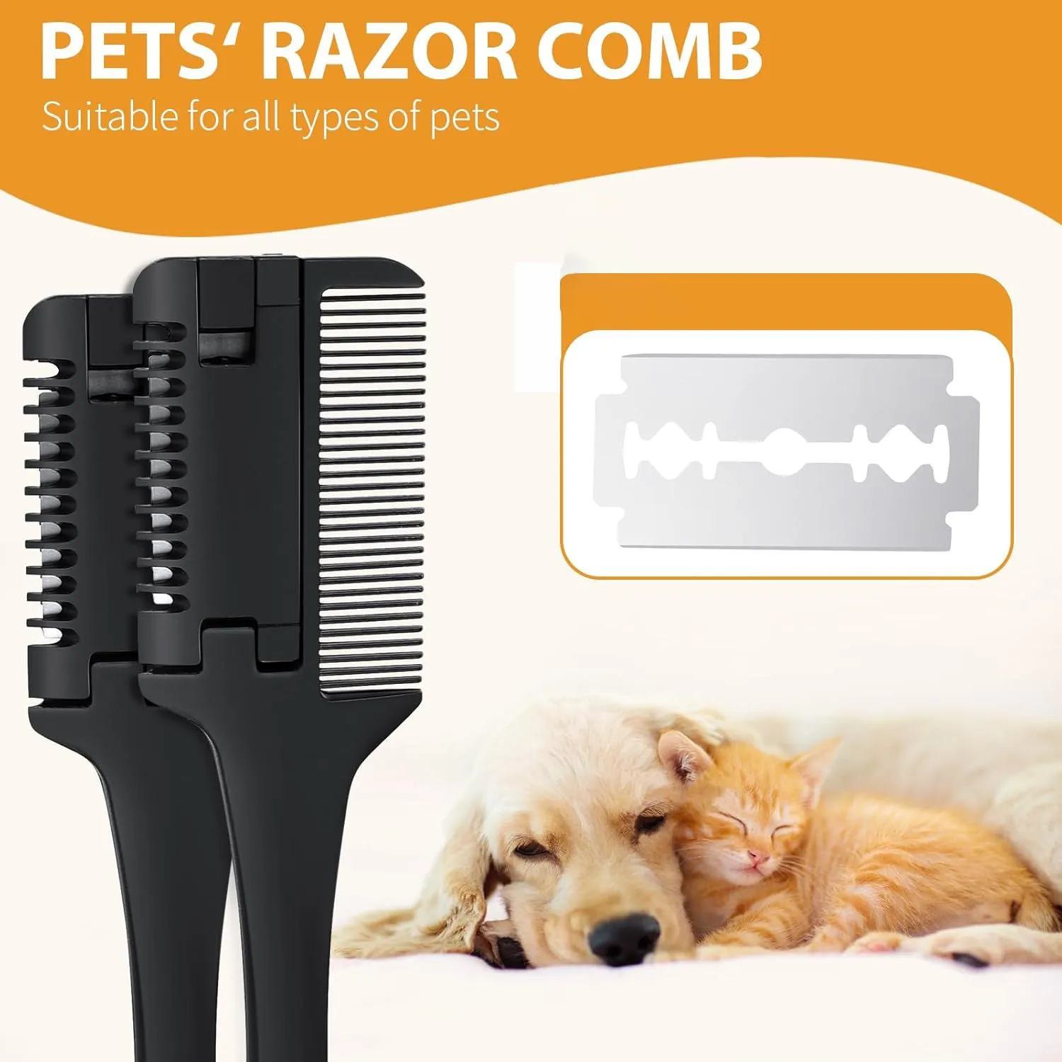 Pet razor comb and brush tool for dogs and cats with spare blades on a white background.