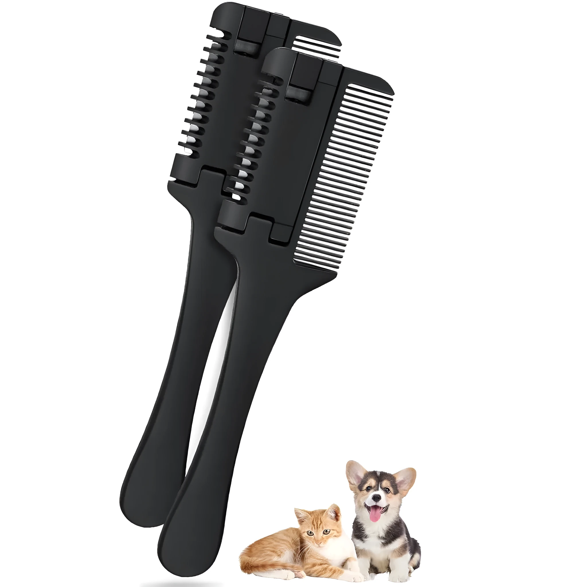 Pet razor comb and brush tool for dogs and cats with spare blades on a white background.