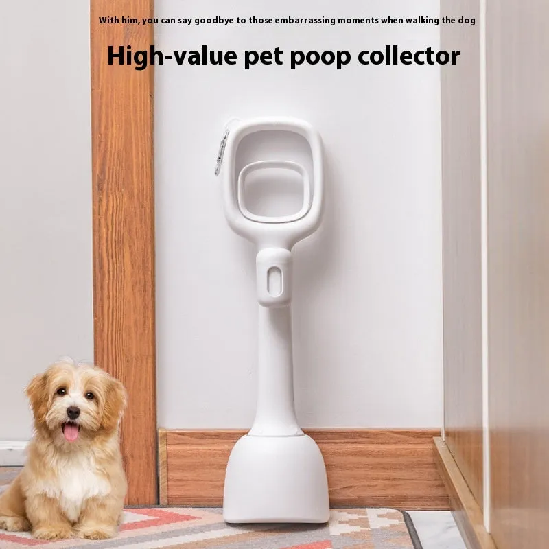 White plastic pooper scooper with clip shovel design for dog waste pick-up on grass