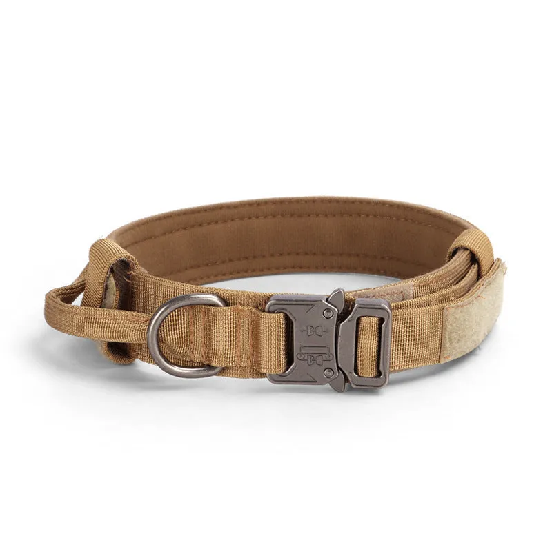 Adjustable military tactical dog collar in nylon webbing with metal buckle, 3.8cm wide, available in multiple colours and sizes