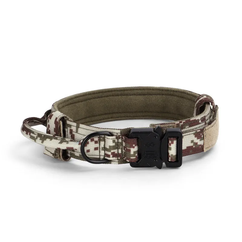 Adjustable military tactical dog collar in nylon webbing with metal buckle, 3.8cm wide, available in multiple colours and sizes