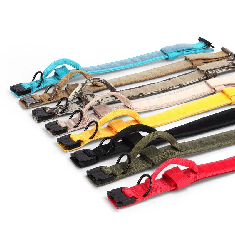 Adjustable military tactical dog collar in nylon webbing with metal buckle, 3.8cm wide, available in multiple colours and sizes