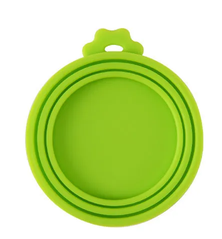Silicone pet seal three-in-one can cover and spoon in sky blue on a pet food tin