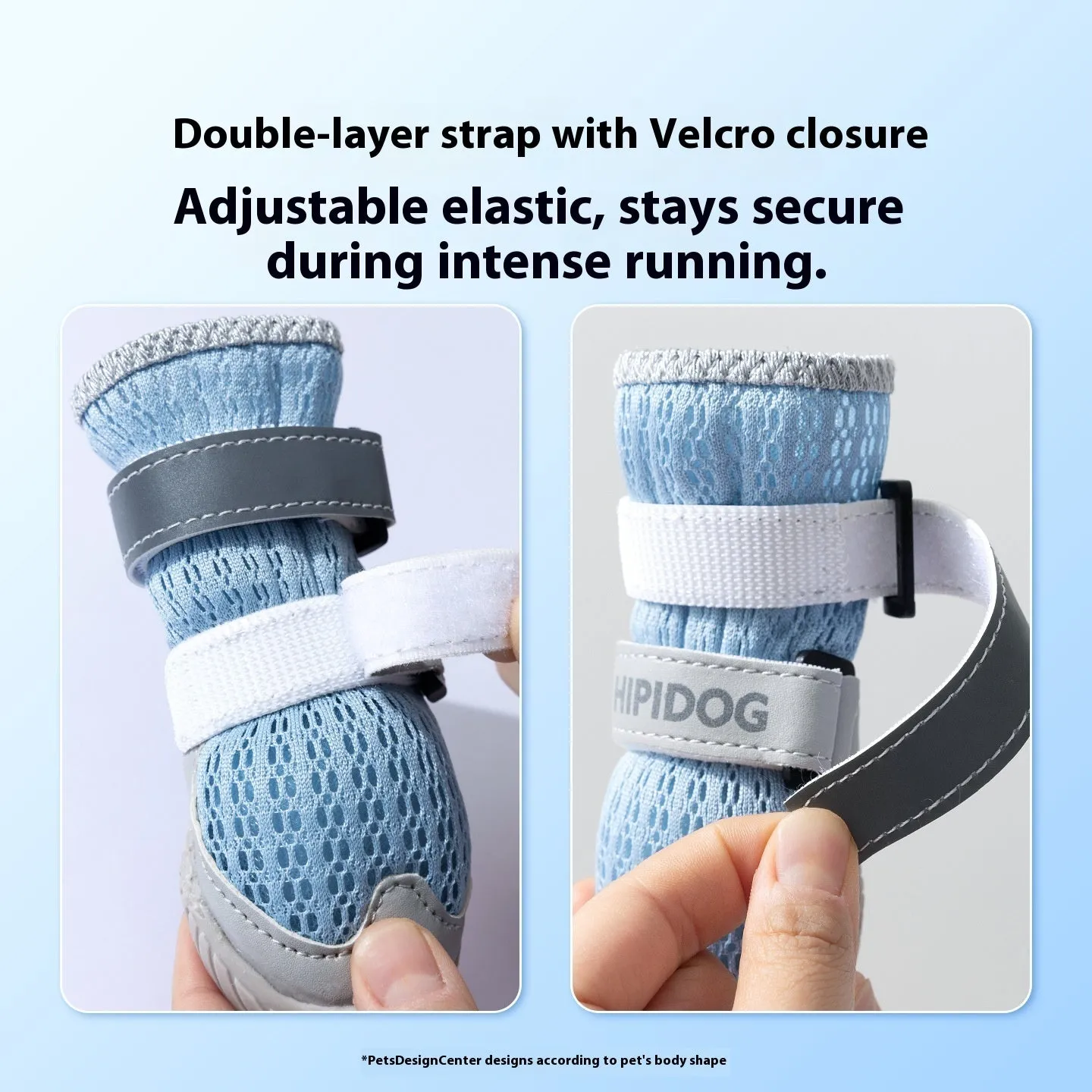 Cartoon style blue and green PU dog shoes for summer, showing wear-resistant soles.