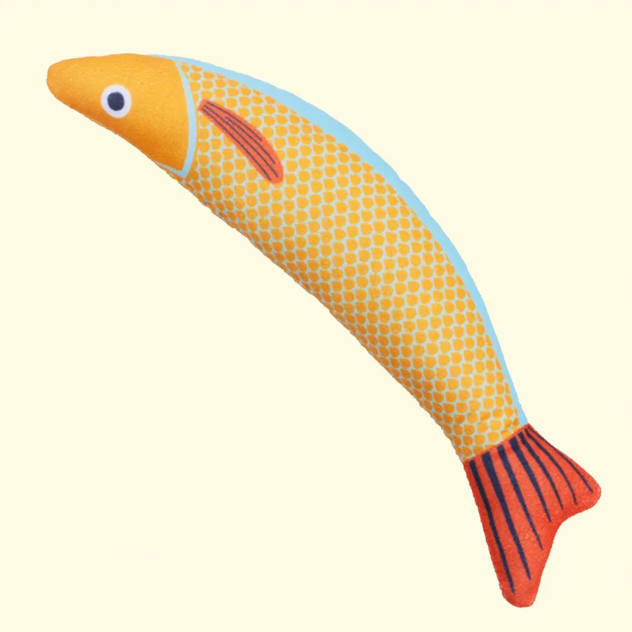 Green, orange and yellow plush catnip fish toys with crinkle sound for indoor cat exercise