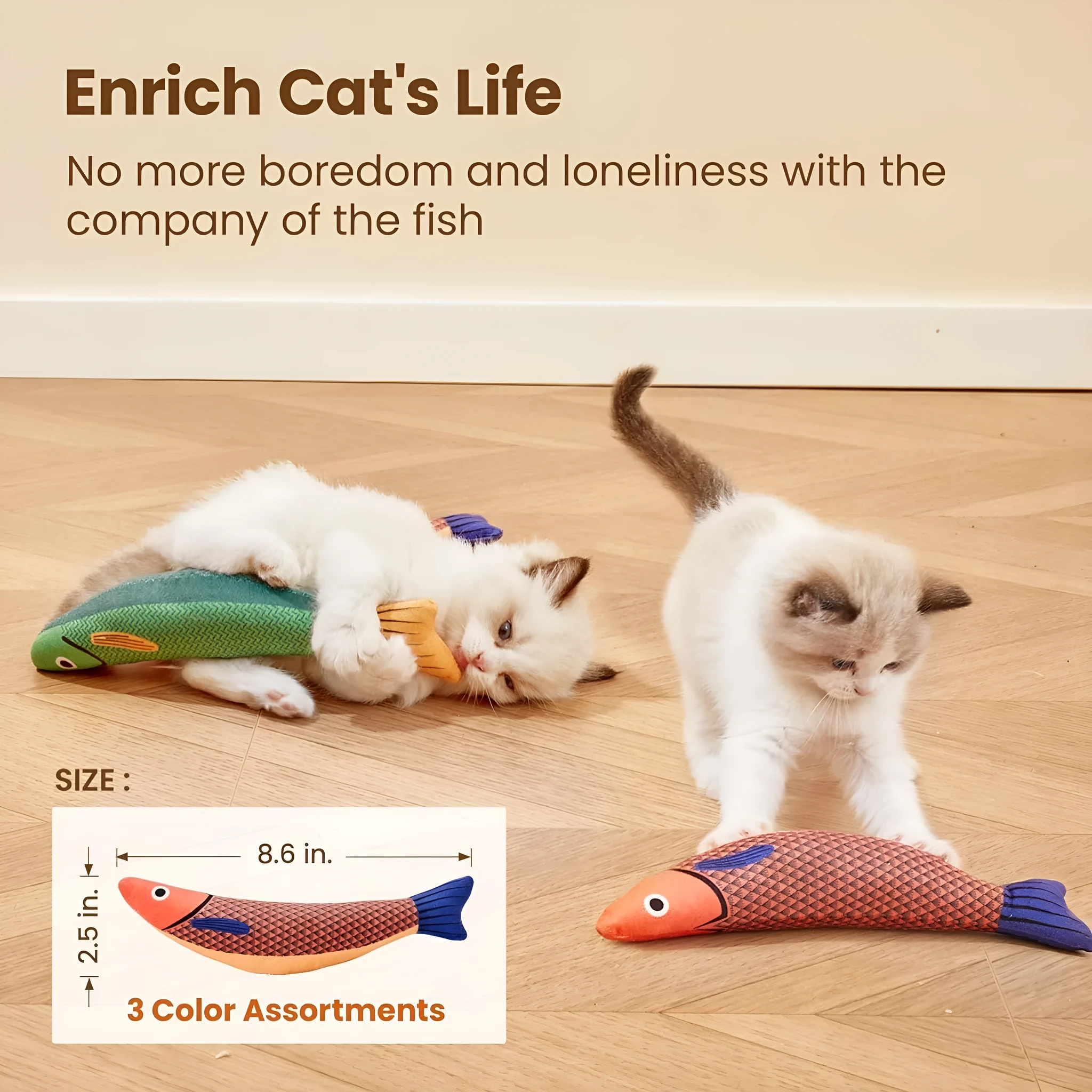 Green, orange and yellow plush catnip fish toys with crinkle sound for indoor cat exercise