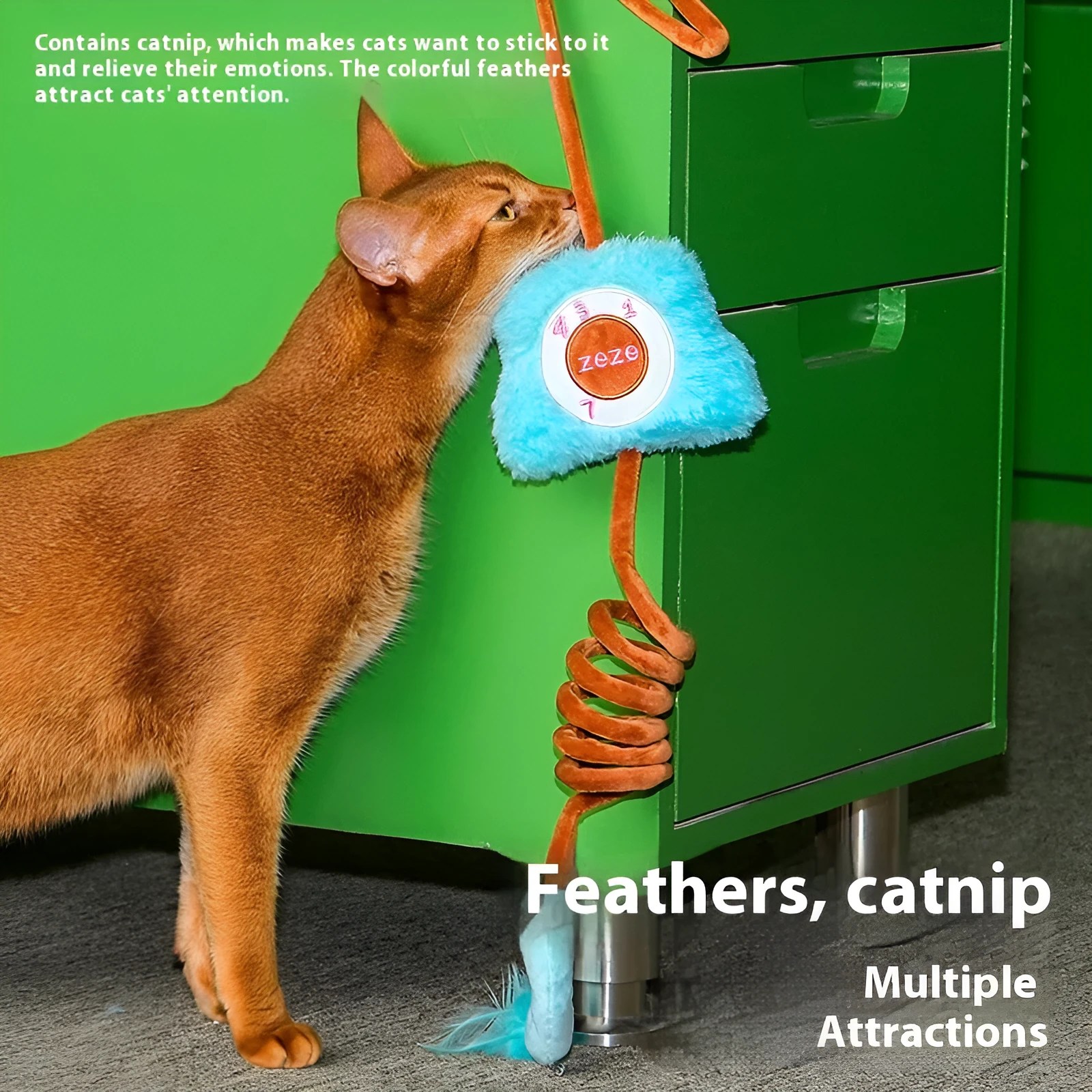 Cat elastic string toy with retro mobile phone design in green, made from flannel and polyester fibre