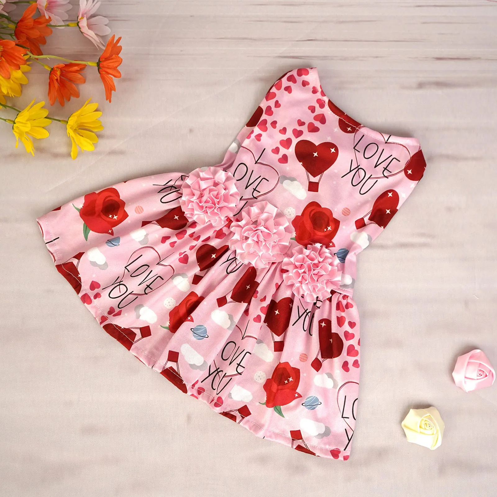Creative Pet printed polyester skirt for dogs and cats in princess style, Pink Love Heart colour, front view