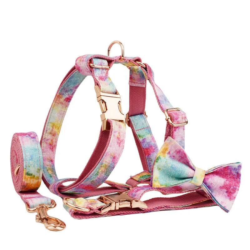 Bronzing cloth dog collar leash bow vest four-piece set on foundation for small to large dogs