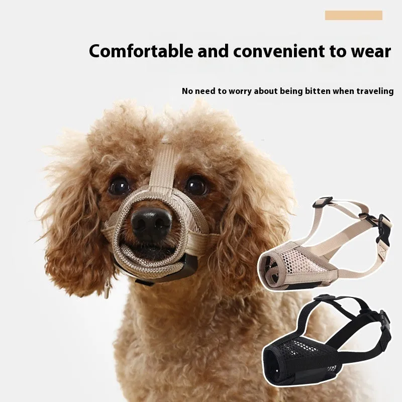 Pet dog anti-bite breathable mesh muzzle in khaki with drinking faucet opening, five sizes available