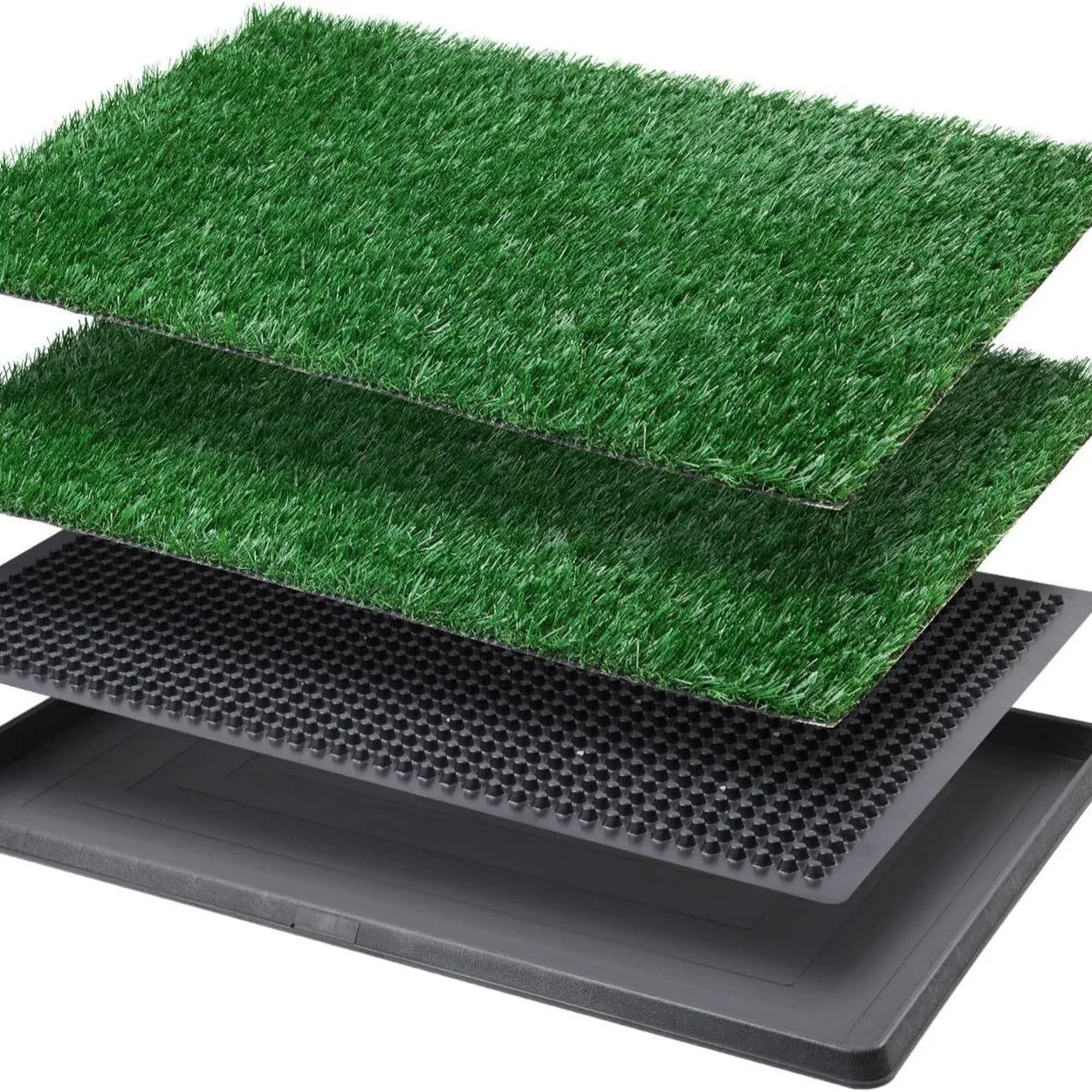 Particle dog toilet with emulational lawn showing three sizes small 40.6x51cm medium 51x64cm large 51x76cm