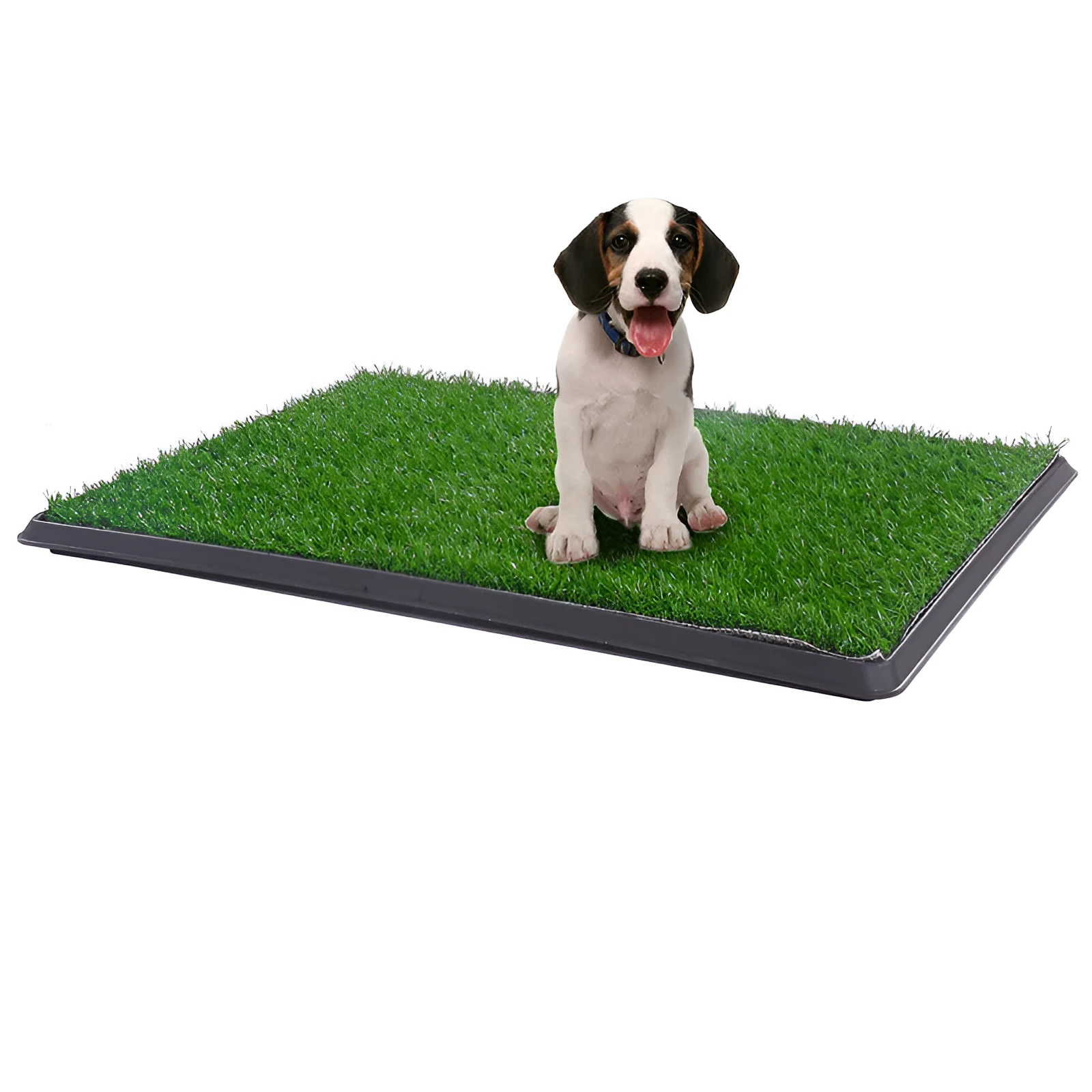 Particle dog toilet with emulational lawn showing three sizes small 40.6x51cm medium 51x64cm large 51x76cm