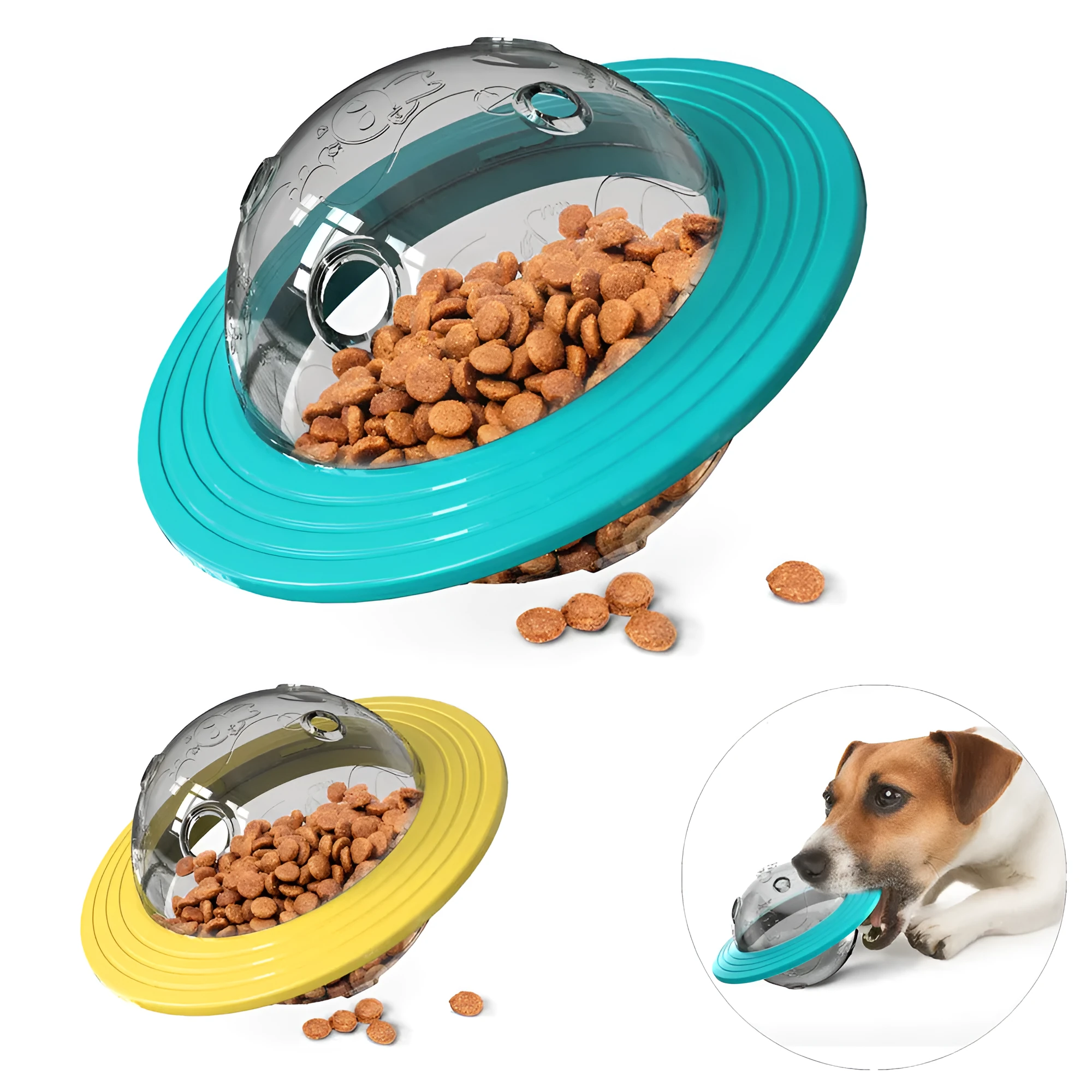 Blue dog treat ball with food dispensing function for slow feeding and IQ training