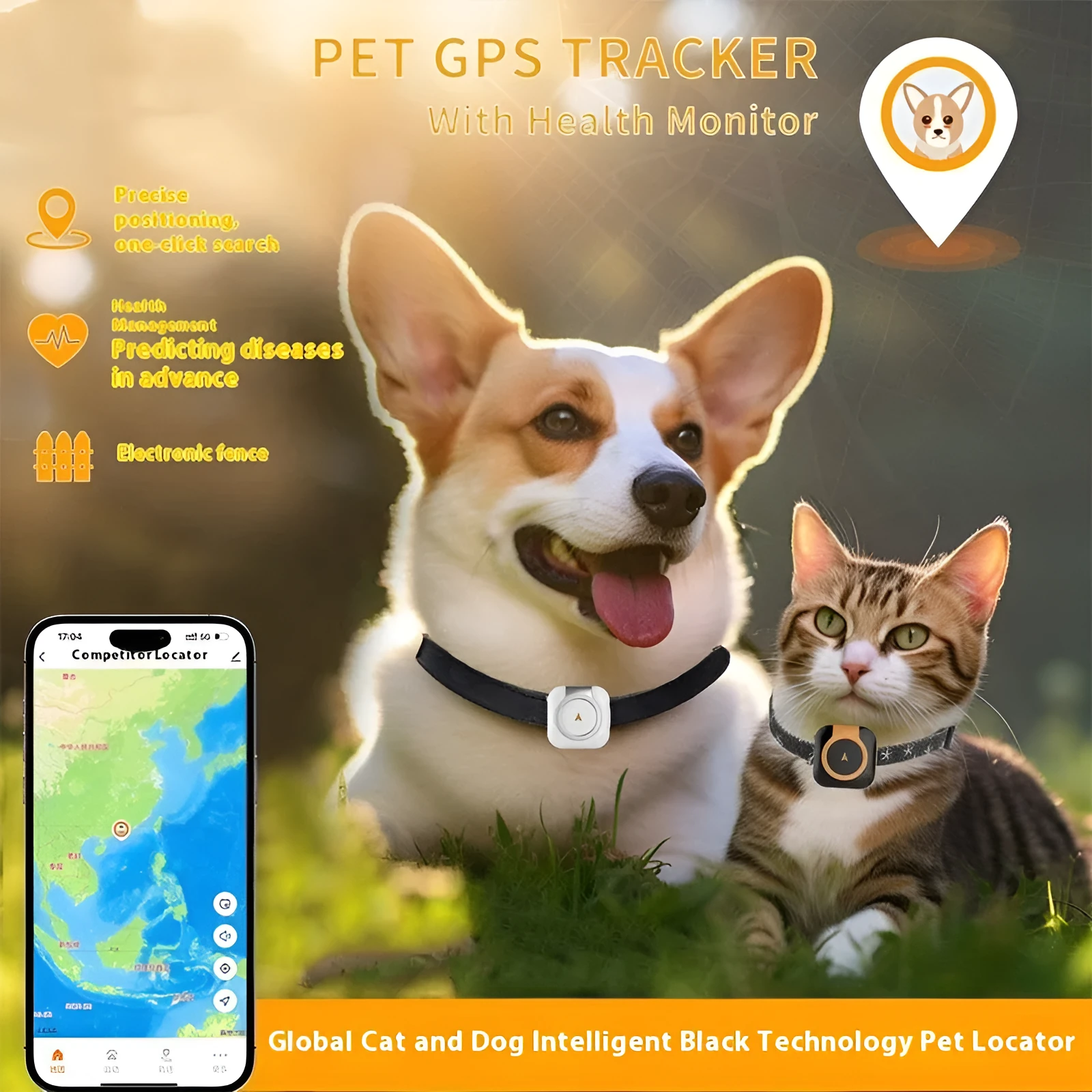 Pet GPS global locator health monitoring tracker ABS PC 40x15mm Black Orange