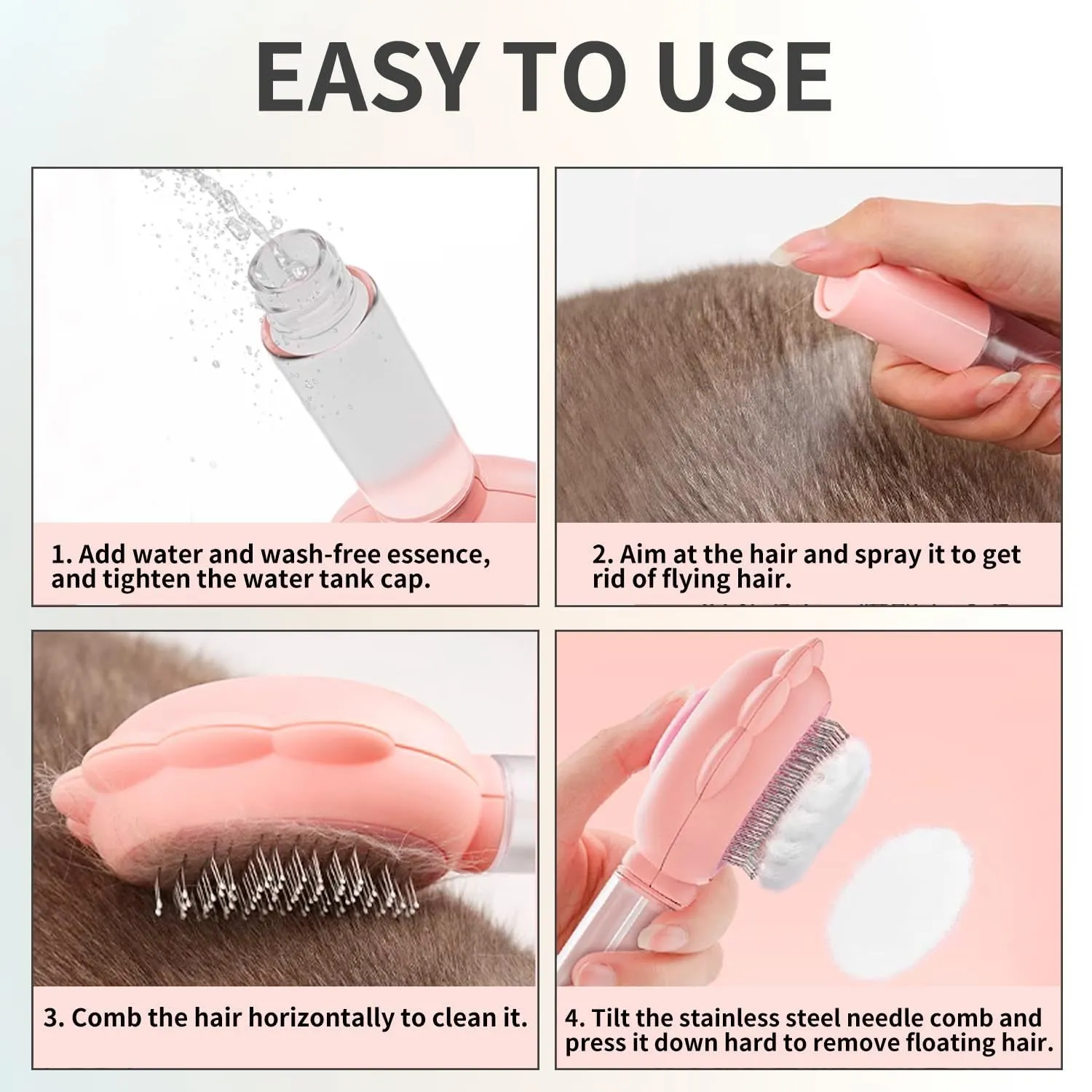 Grey spray cat brush with release button for grooming dogs and cats.