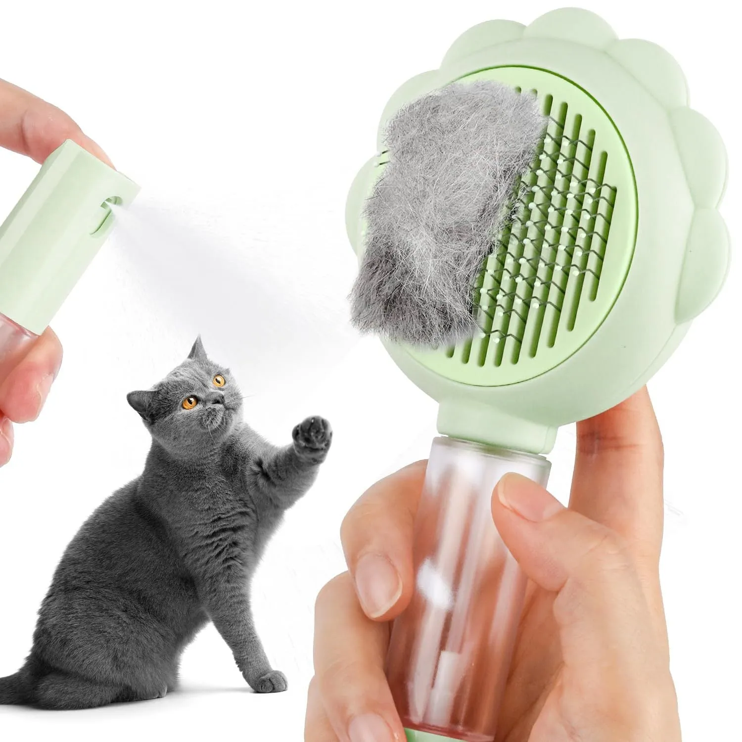 Grey spray cat brush with release button for grooming dogs and cats.