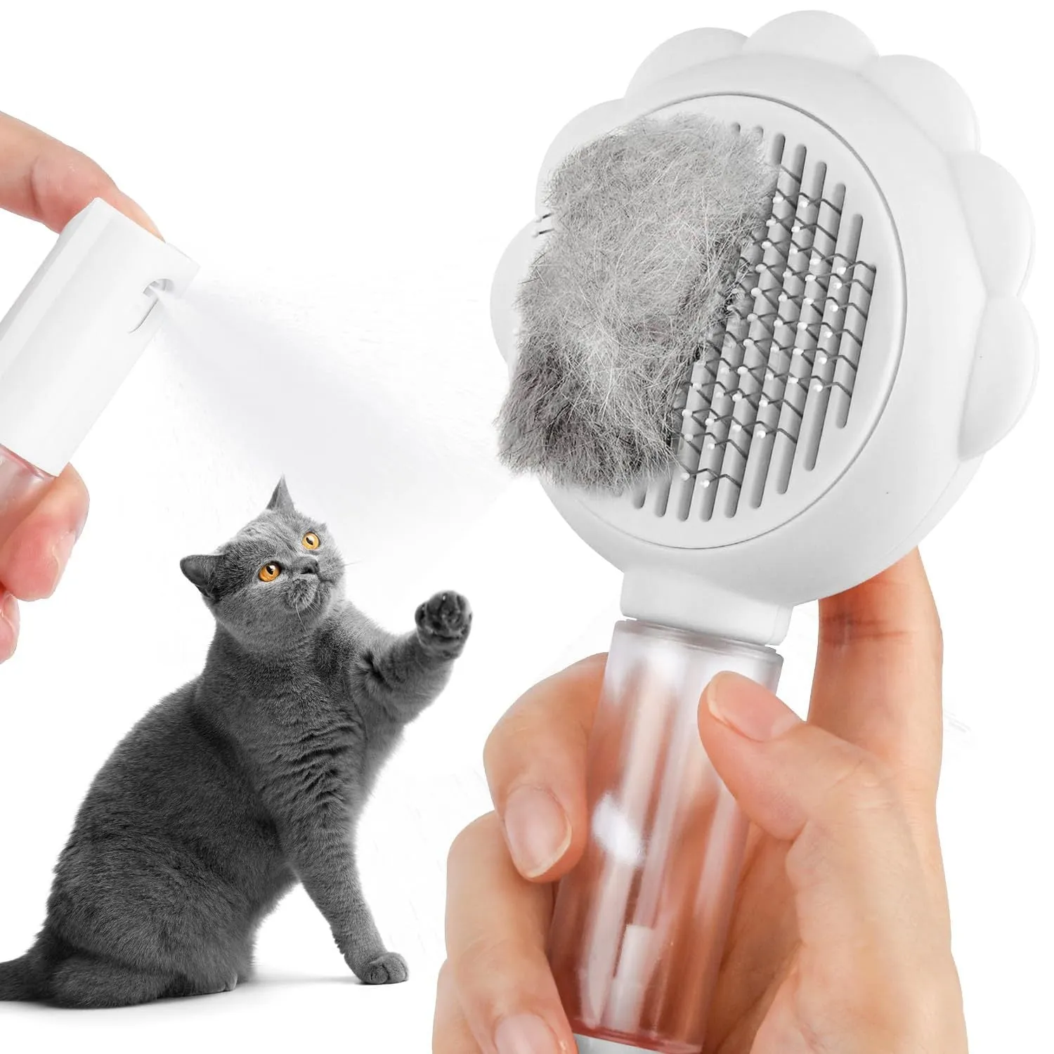 Grey spray cat brush with release button for grooming dogs and cats.