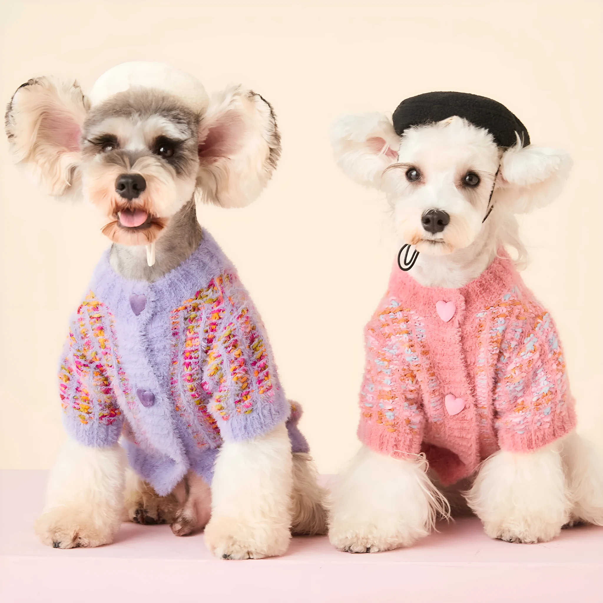 Wool pet cardigan sweater in pink and purple for female dogs, sizes XS to 2XL