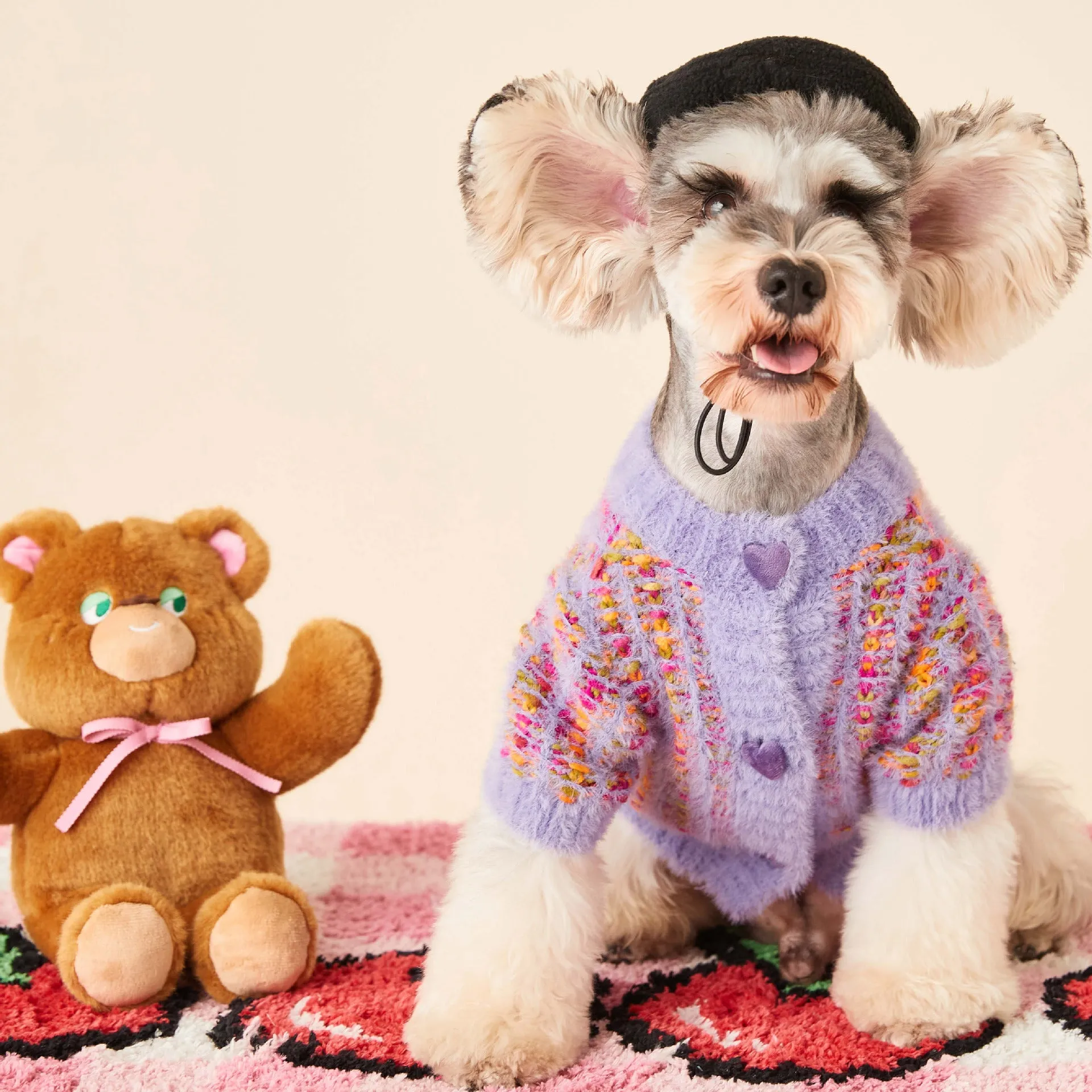 Wool pet cardigan sweater in pink and purple for female dogs, sizes XS to 2XL