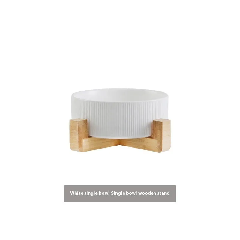Pet Simple ceramic anti-tumble cat bowl with wooden frame in straight matte finish