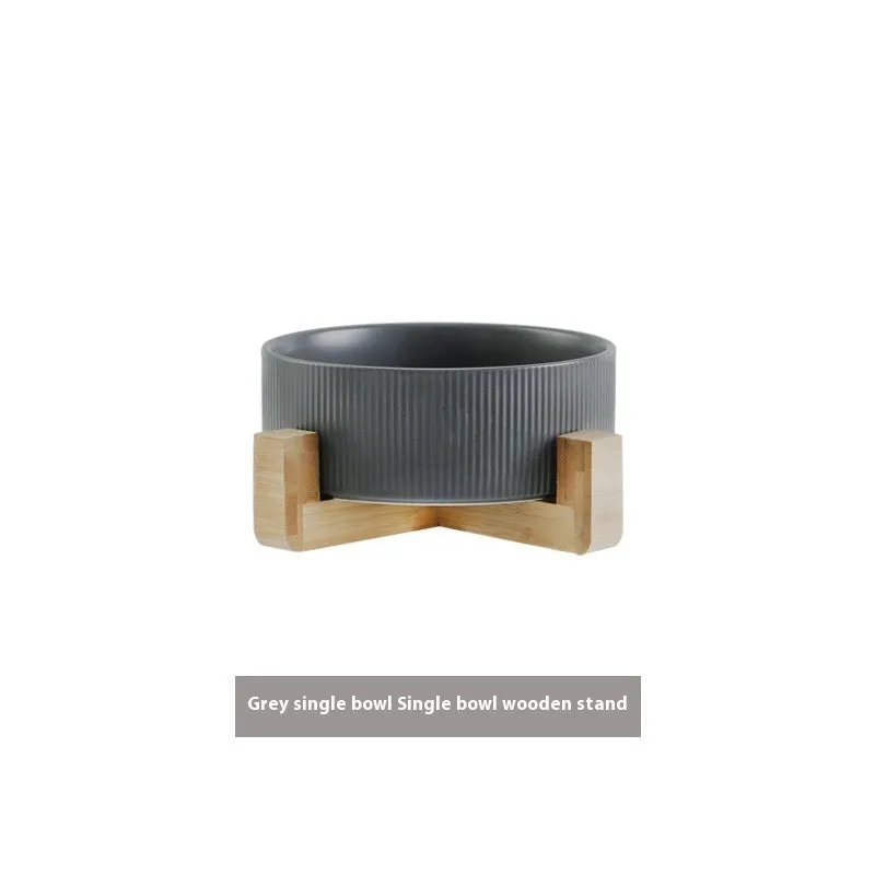Pet Simple ceramic anti-tumble cat bowl with wooden frame in straight matte finish