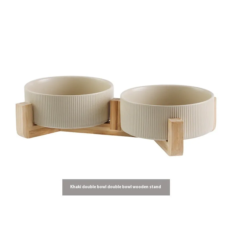 Pet Simple ceramic anti-tumble cat bowl with wooden frame in straight matte finish