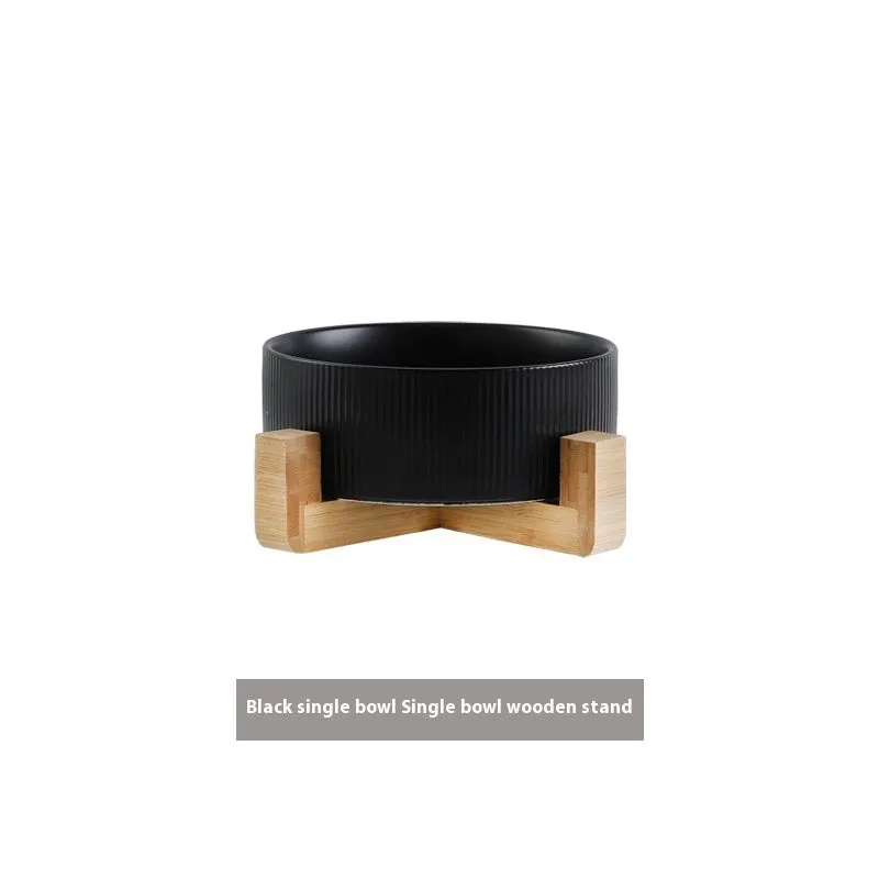 Pet Simple ceramic anti-tumble cat bowl with wooden frame in straight matte finish
