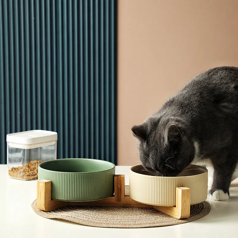 Pet Simple ceramic anti-tumble cat bowl with wooden frame in straight matte finish