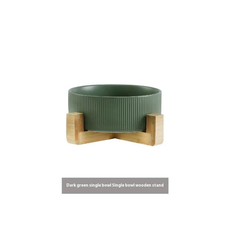 Pet Simple ceramic anti-tumble cat bowl with wooden frame in straight matte finish