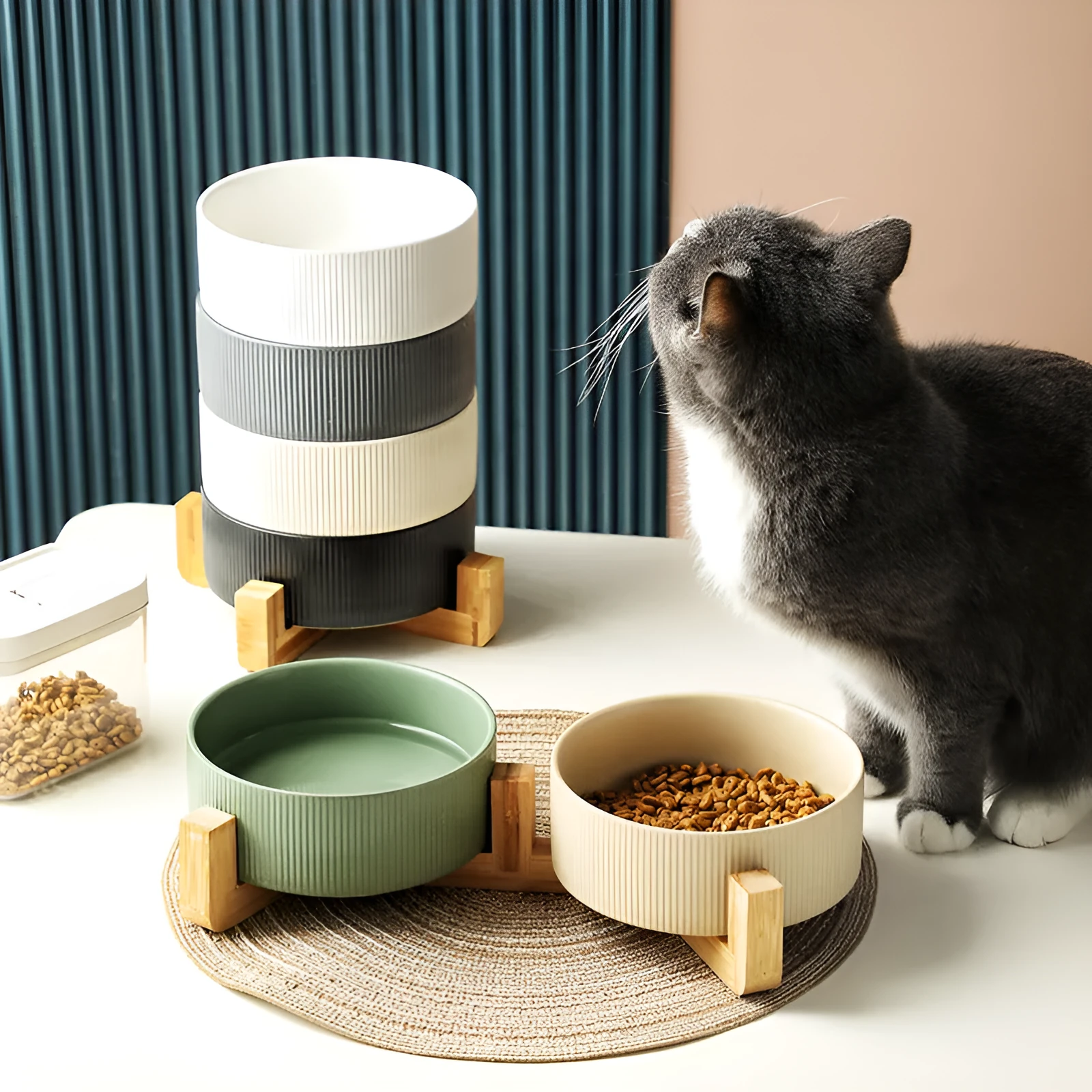 Pet Simple ceramic anti-tumble cat bowl with wooden frame in straight matte finish