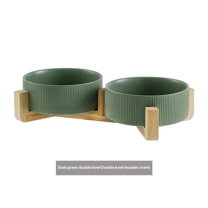Pet Simple ceramic anti-tumble cat bowl with wooden frame in straight matte finish